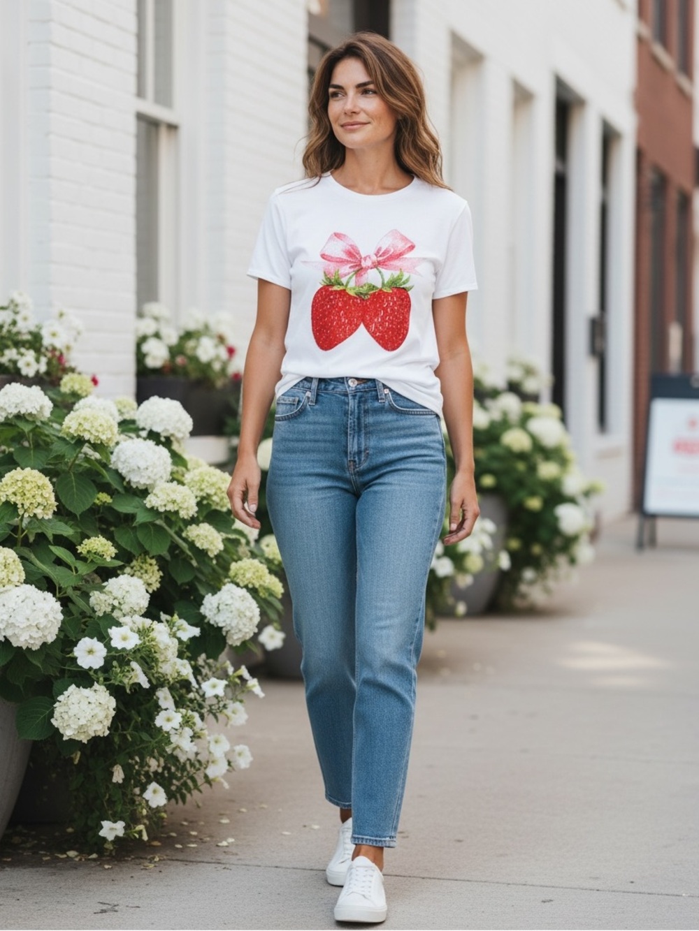NEW Red Strawberry Strawberries Rhinestone & Light Pink Barbie Bow White T-Shirt